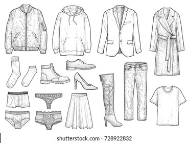 Collection of clothes illustration, drawing, engraving, ink, line art, vector svg