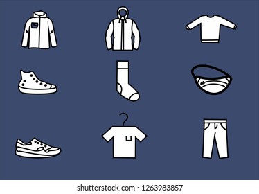 Collection of clothes outline icons include icons such as clothes, coat, jeans, t-shirt, hoodie, sneakers, jacket, sock.