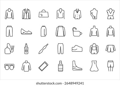 Collection of clothing and accessory icons in a clean line art silhouette style