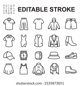Collection of clothing and fashion icons. Contains icons such as clothes, t-shirts, shoes and more. Thin line vector.