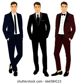 Collection. Clothing. The groom. Wedding men's suit, tuxedo. Vector illustration.