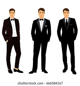 Collection. Clothing. The groom. Wedding men's suit, tuxedo. Vector illustration.