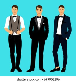 Collection. Clothing. The groom. Wedding men's suit, tuxedo Vector illustration