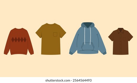 A collection of clothing items, including a hoodie, a shirt, a sweater	