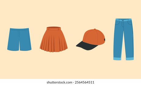 A collection of clothing items including a skirt, shorts, a cap, and jeans	