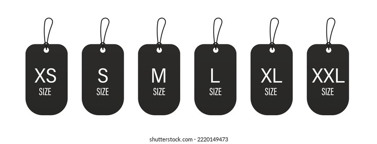 Collection of clothing size labels. Sizes XS, S, M, L, XL, XXL. Isolated on white background. Vector illustration