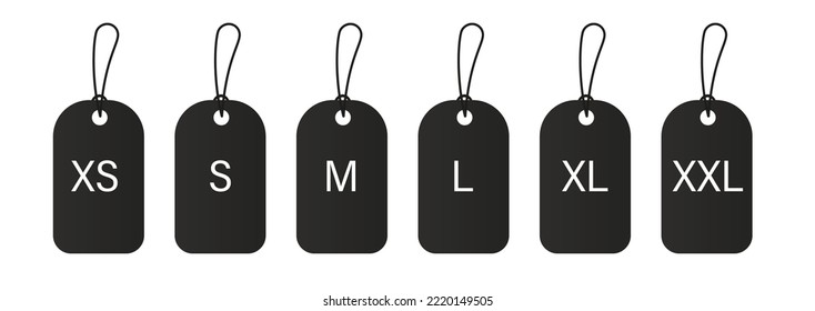Colección de etiquetas de tamaño de ropa. Tamaños XS, S, M, L, XL, XXL. Aislado sobre fondo blanco. Ilustración del vector