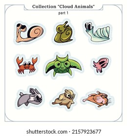 Collection "Cloud Animals", part 1. Bright representatives of the fauna in a unique design style. Smooth edges. Illustration for stickers, prints, souvenirs, children's items, etc.