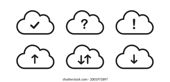 Nube de colección con icono de línea de flecha. Cargar y descargar símbolos vectores de flecha de nube. Nubes con flechas arriba y abajo en señales aisladas.