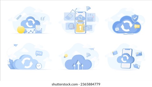 Collection of cloud computing concept scenes. Online backup, cloud storage, synchronization, transferring, sharing data, and protection. Set of vector illustration.
