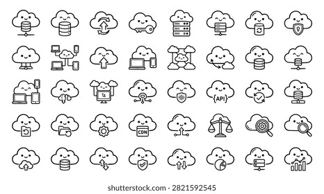 Collection of cloud computing icons representing data storage network security and various technology concepts in a simple line art style