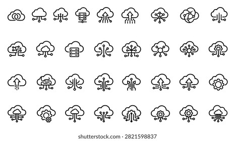 Collection of cloud computing icons representing data storage network technology and digital services with clean lines.