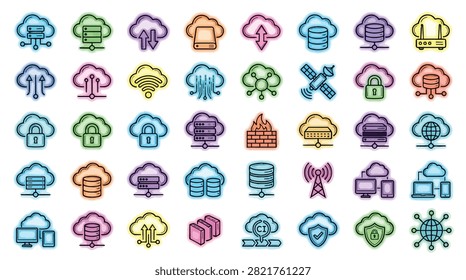 A collection of cloud computing icons representing various digital services and data storage solutions for technology networks.