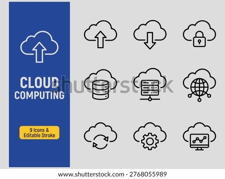Collection of cloud computing icons representing upload download security database server network gear and analytics for technology concepts