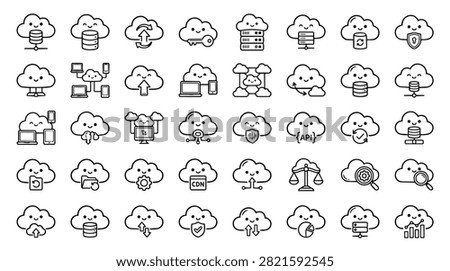 Collection of cloud computing icons representing data storage network security and various technology concepts in a simple line art style
