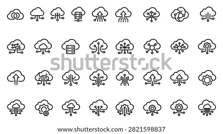 Collection of cloud computing icons representing data storage network technology and digital services with clean lines.