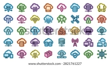 A collection of cloud computing icons representing various digital services and data storage solutions for technology networks.