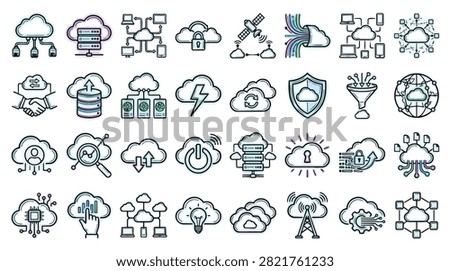 Collection of cloud computing icons representing data storage network security and digital technology concepts
