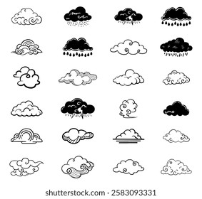 Collection of cloud doodle illustrations in a creative style on a white background