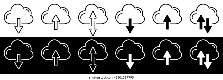 Colección de iconos de Descarga en la nube. Signo de nube de Descarga Cargar. Web Cargar símbolo. Ilustración vectorial aislada sobre fondo blanco y negro.