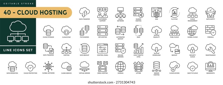 Eine Sammlung von Cloud-Hosting-Symbolen mit bearbeitbarem Strich, einschließlich Datenübertragung, Dateifreigabe, Hosting, Zugriff, Bandbreite, Backup, Firewall, RAID, Upload, Sync. Dünne lineare Vektorgrafik