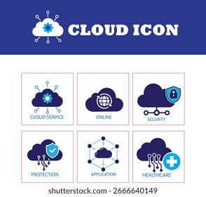 Colección de íconos de la nube que representan datos digitales, redes y tecnología