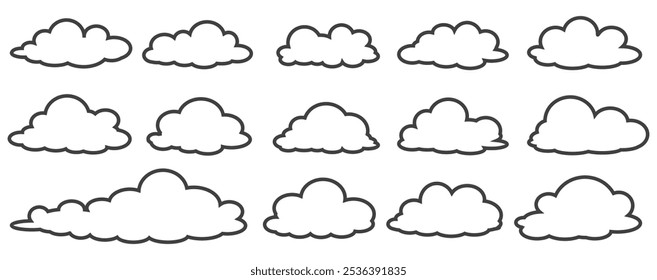 Collection of cloud illustrations in outline style. Vector set of cartoon clouds in flat design.Cloud.