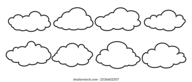 Collection of cloud illustrations in outline style. Vector set of cartoon clouds in flat design.Cloud.