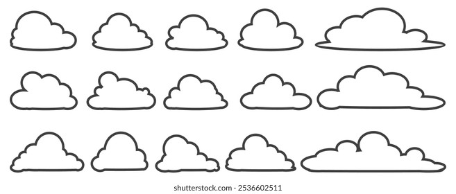 Collection of cloud illustrations in outline style. Vector set of cartoon clouds in flat design.Cloud.