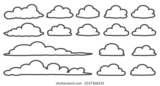 Collection of cloud illustrations in outline style. Vector set of cartoon clouds in flat design.Cloud.