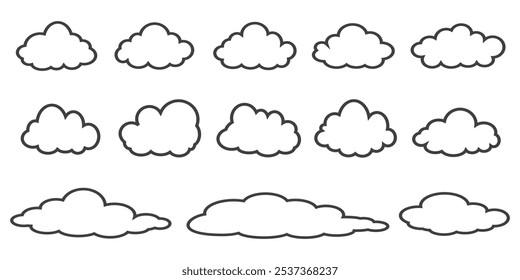 Colección de ilustraciones de nubes en estilo de contorno. Conjunto de Vector de nubes de dibujos animados en diseño plano.