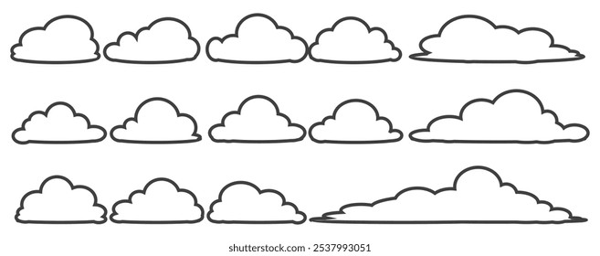 Colección de ilustraciones de nubes en estilo de contorno. Conjunto de Vector de nubes de dibujos animados en diseño plano.