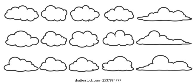 Colección de ilustraciones de nubes en estilo de contorno. Conjunto de Vector de nubes de dibujos animados en diseño plano.