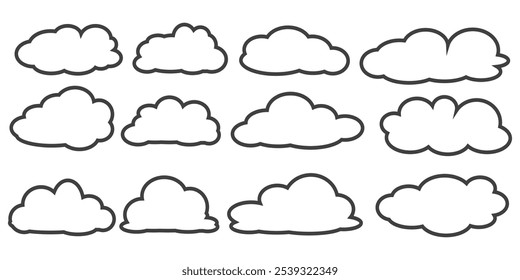 Collection of cloud illustrations in outline style. Vector set of cartoon clouds in flat design.Cloud.