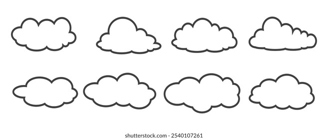 Colección de ilustraciones de nubes en estilo de contorno. Conjunto de Vector de nubes de dibujos animados en diseño plano.