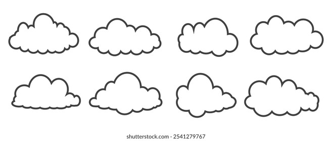 Collection of cloud illustrations in outline style. Vector set of cartoon clouds in flat design.Cloud.