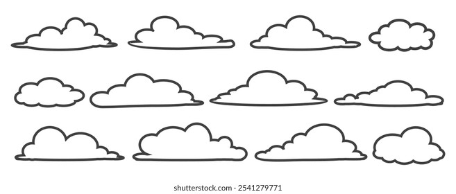 Kollektion von Cloud-Illustrationen im Outline-Stil. Vektorgrafik der Cartoon Clouds im flachen Design.Cloud.