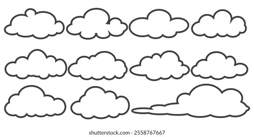 Collection of cloud illustrations in outline style. Vector set of cartoon clouds in flat design.Cloud.