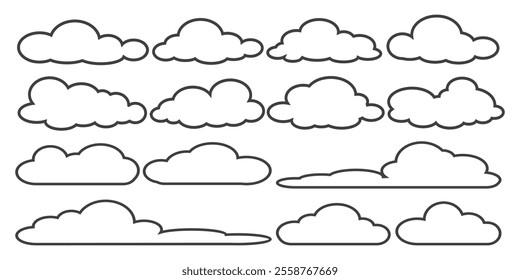 Collection of cloud illustrations in outline style. Vector set of cartoon clouds in flat design.Cloud.