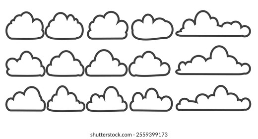 Collection of cloud illustrations in outline style. Vector set of cartoon clouds in flat design.Cloud.