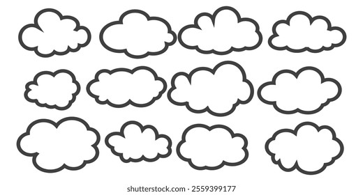 Collection of cloud illustrations in outline style. Vector set of cartoon clouds in flat design.Cloud.