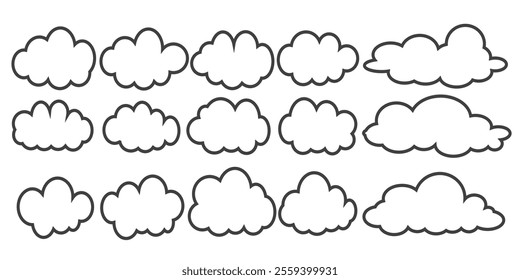 Collection of cloud illustrations in outline style. Vector set of cartoon clouds in flat design.Cloud.