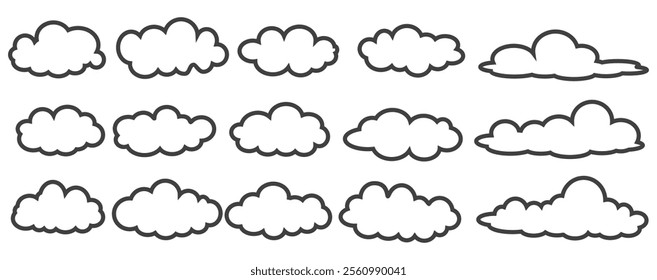 Collection of cloud illustrations in outline style. Vector set of cartoon clouds in flat design.Cloud.