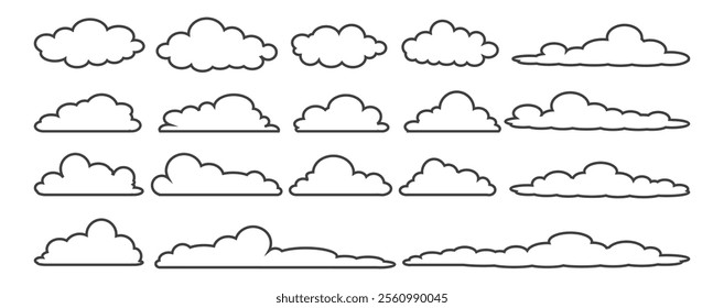 Collection of cloud illustrations in outline style. Vector set of cartoon clouds in flat design.Cloud.
