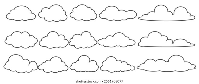 Collection of cloud illustrations in outline style. Vector set of cartoon clouds in flat design.Cloud.