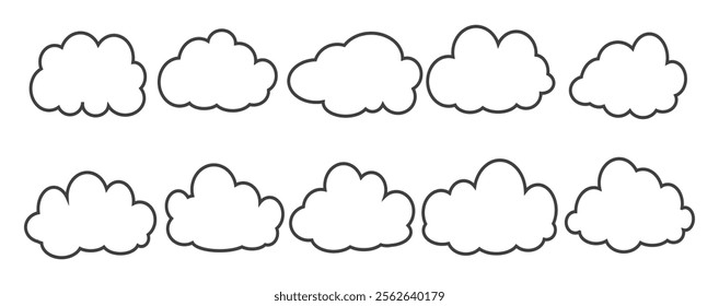 Collection of cloud illustrations in outline style. Vector set of cartoon clouds in flat design.Cloud.