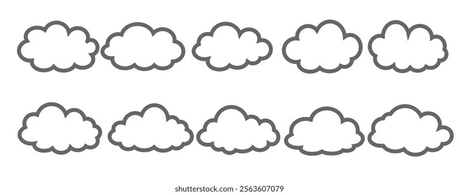 Collection of cloud illustrations in outline style. Vector set of cartoon clouds in flat design.Cloud.