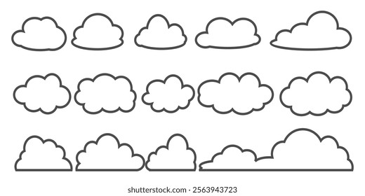 Collection of cloud illustrations in outline style. Vector set of cartoon clouds in flat design.Cloud.