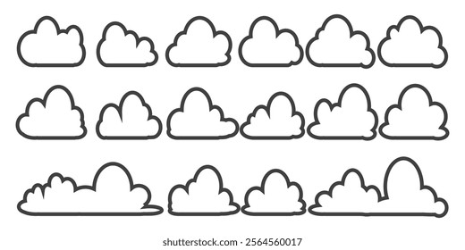 Collection of cloud illustrations in outline style. Vector set of cartoon clouds in flat design.Cloud.