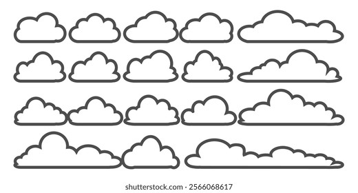 Collection of cloud illustrations in outline style. Vector set of cartoon clouds in flat design.Cloud.